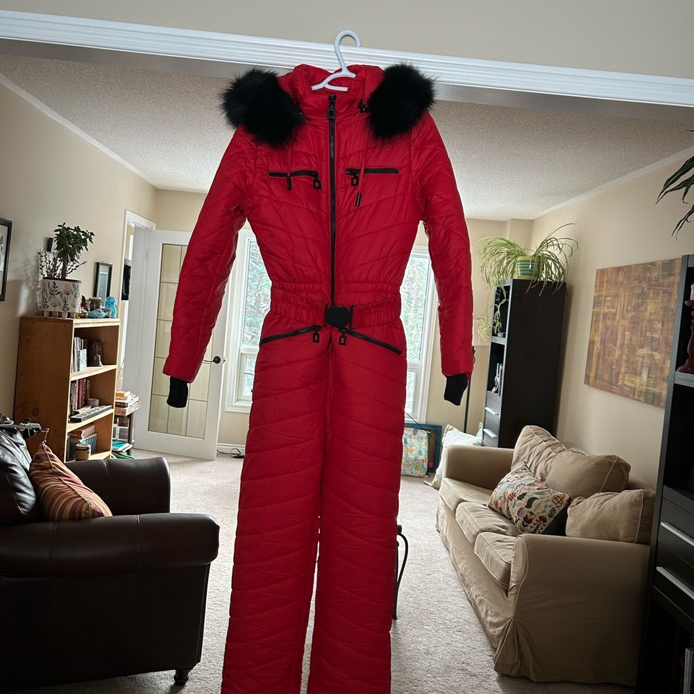 Women's Red Ski Jumpsuit with Black Fur Trim